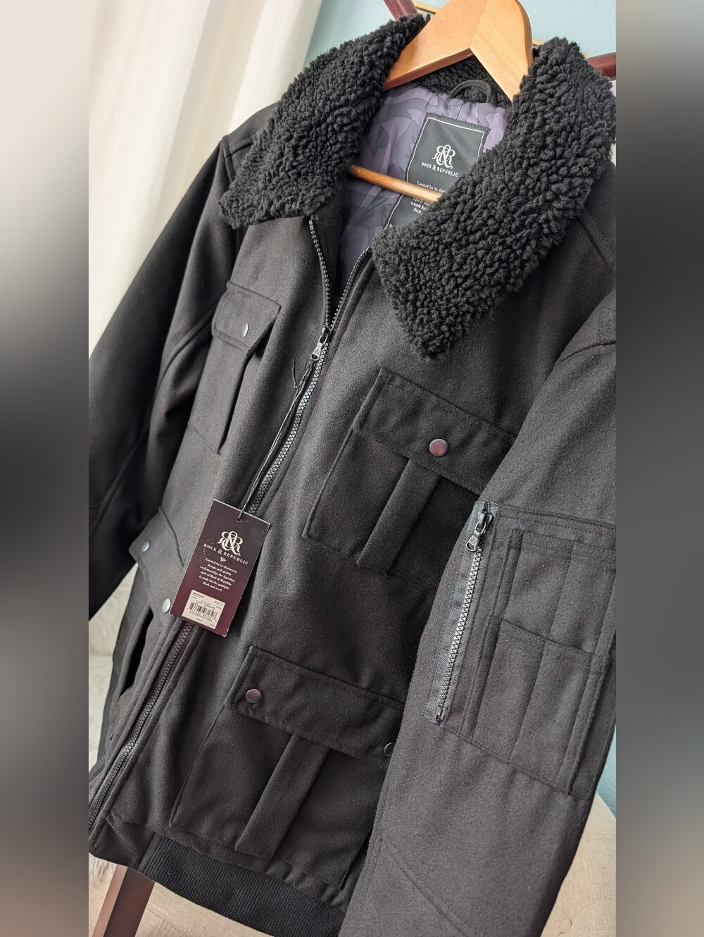 NWT Rock & Republic Black Sherpa-Collar Jacket Sz XL Men